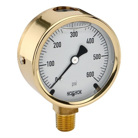 NOSHOK Pressure Gauge, 4" Brass Case, Copper Alloy Internals, 200 psi, 1/4 NPT Back Conn, Glycerin Filled 40-310-200-psi